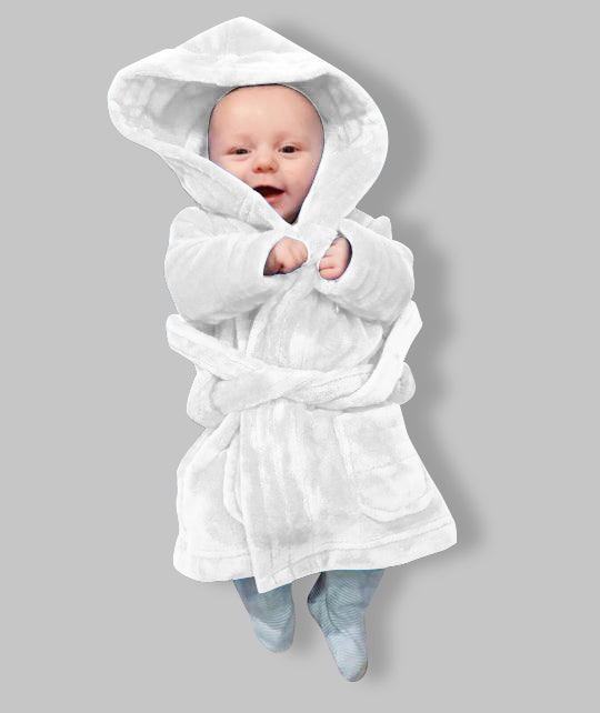 baby in white fluffy personlised white robe-robes4you-uk-baby gift