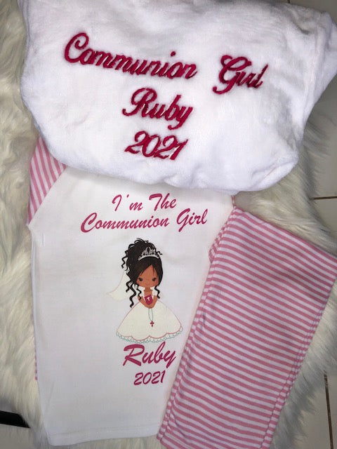 Girls Communion Set Personalised White Fluffy robe and Pink Cotton Pyjamas with Girl