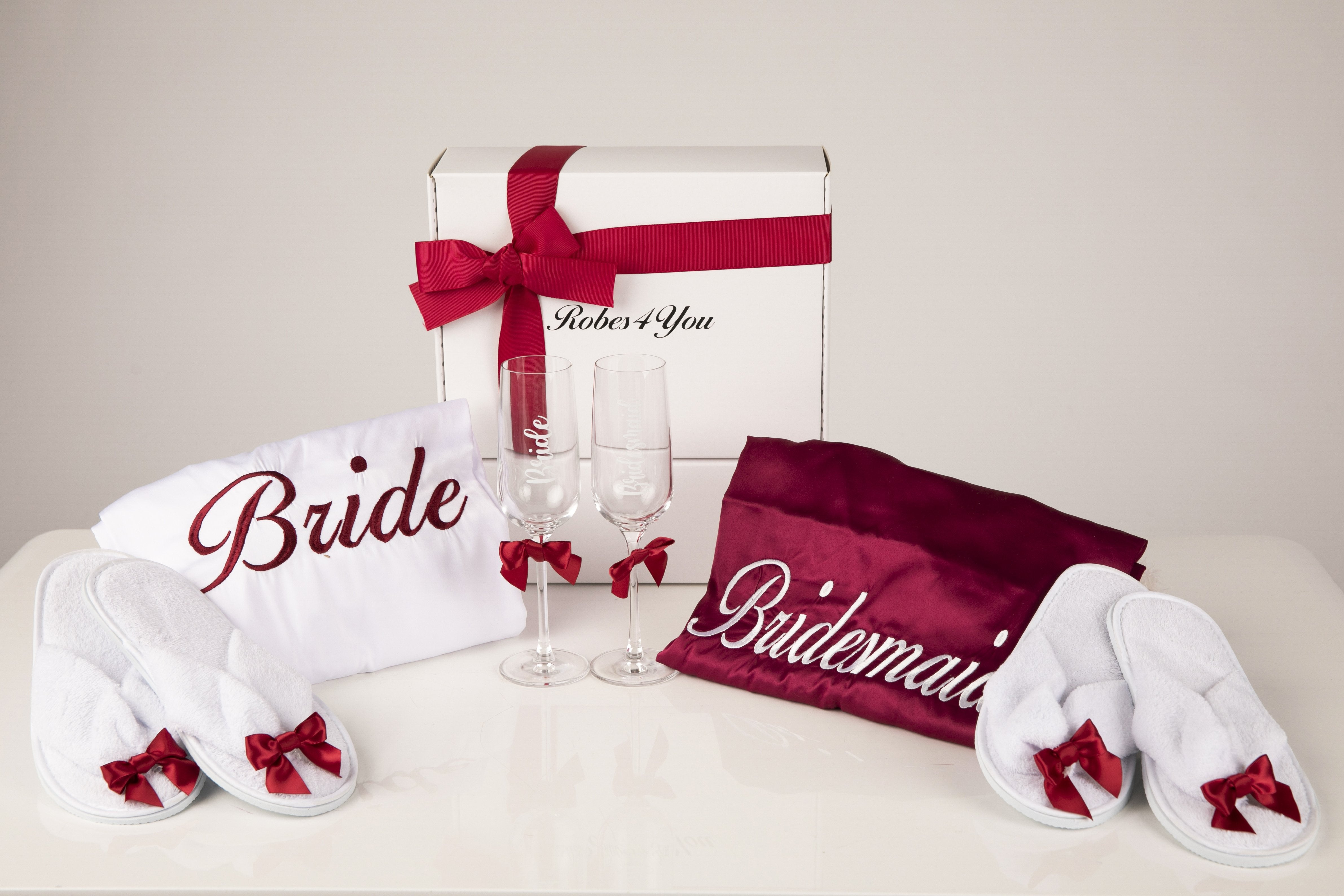 Burgundy and white personalised bridal satin robes UK- Robes4you
