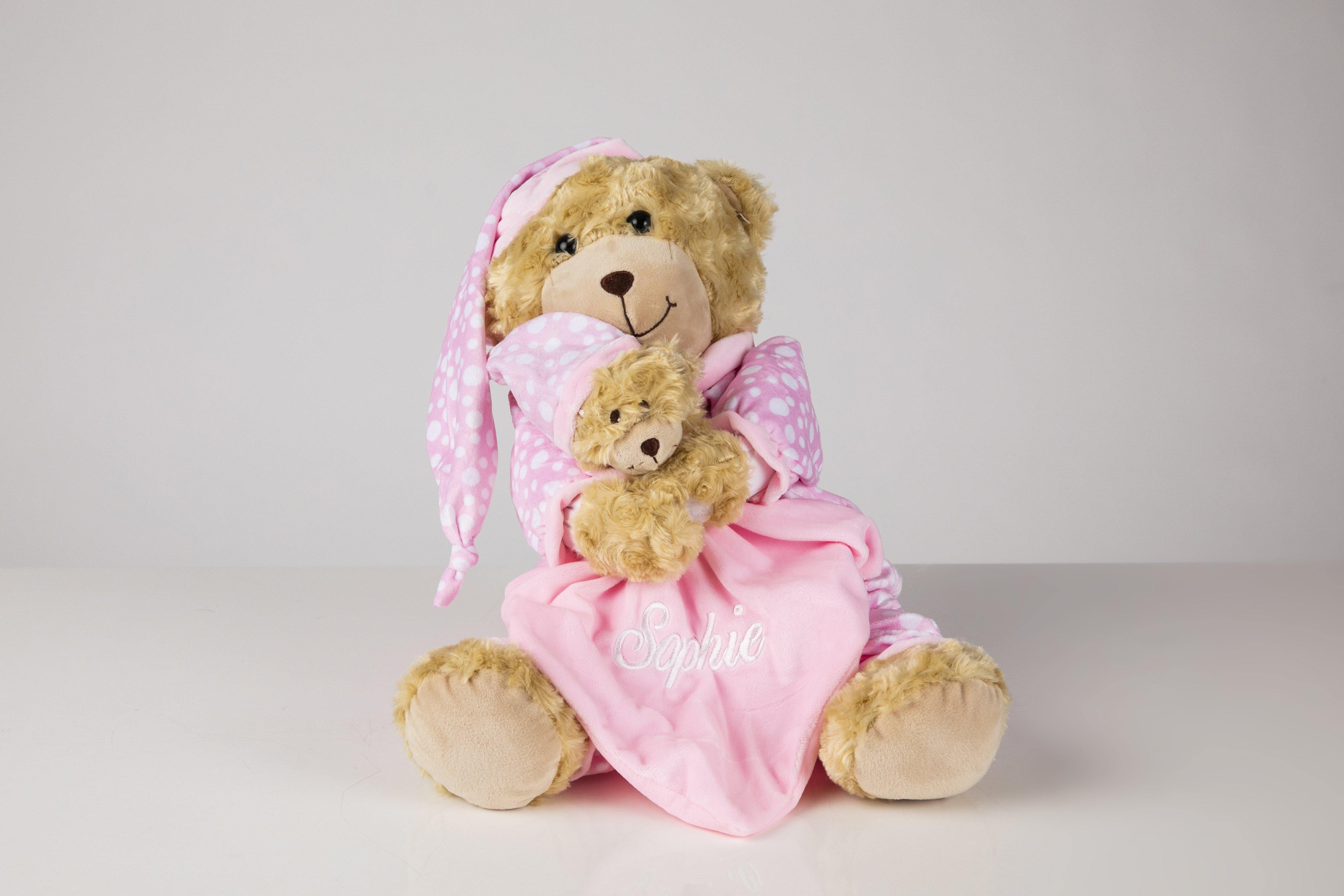 Baby girl gift - Large Teddy with personalised detachable comforter