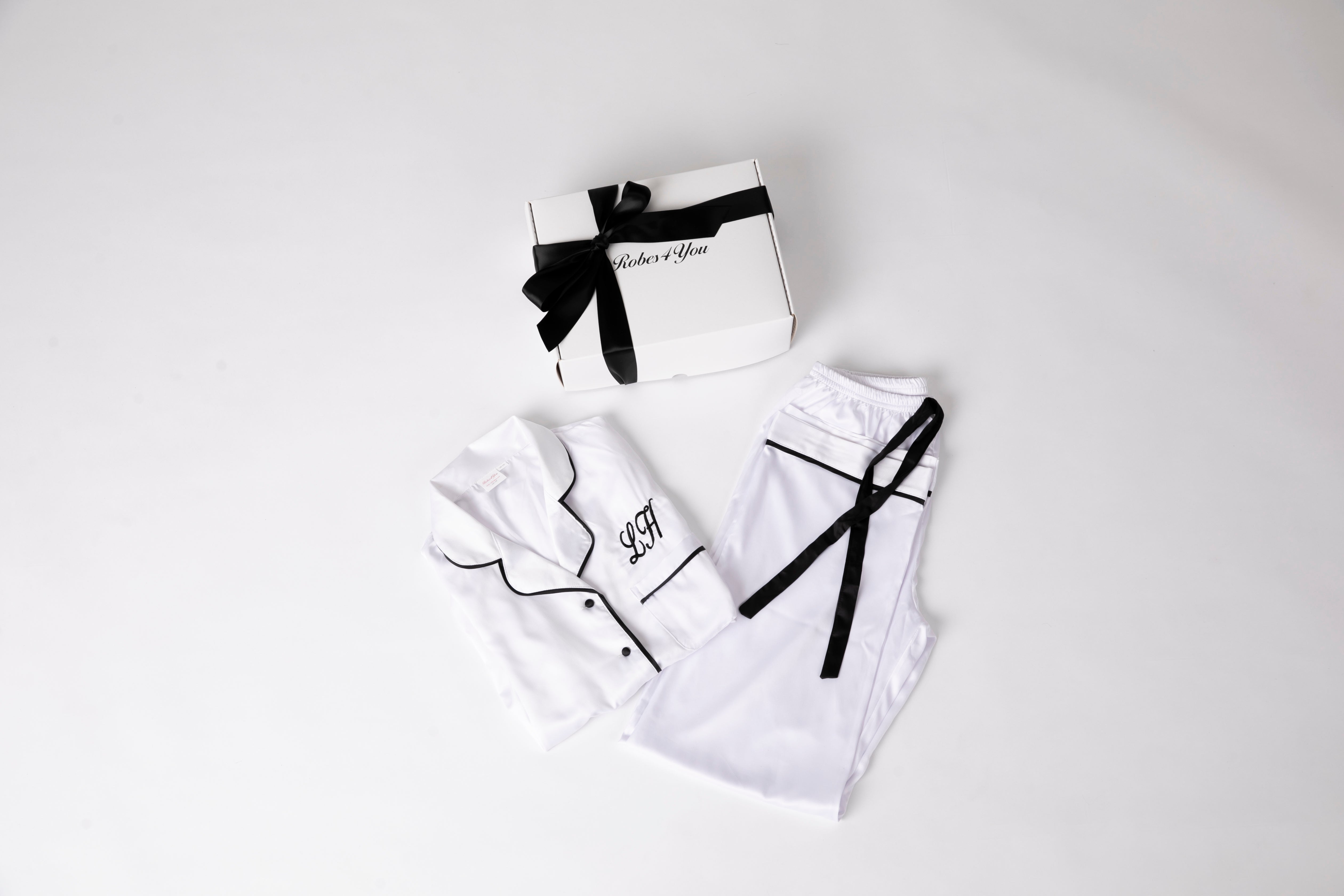 Personalised White Satin Pjs with Black Piping presented in a gift box with bow