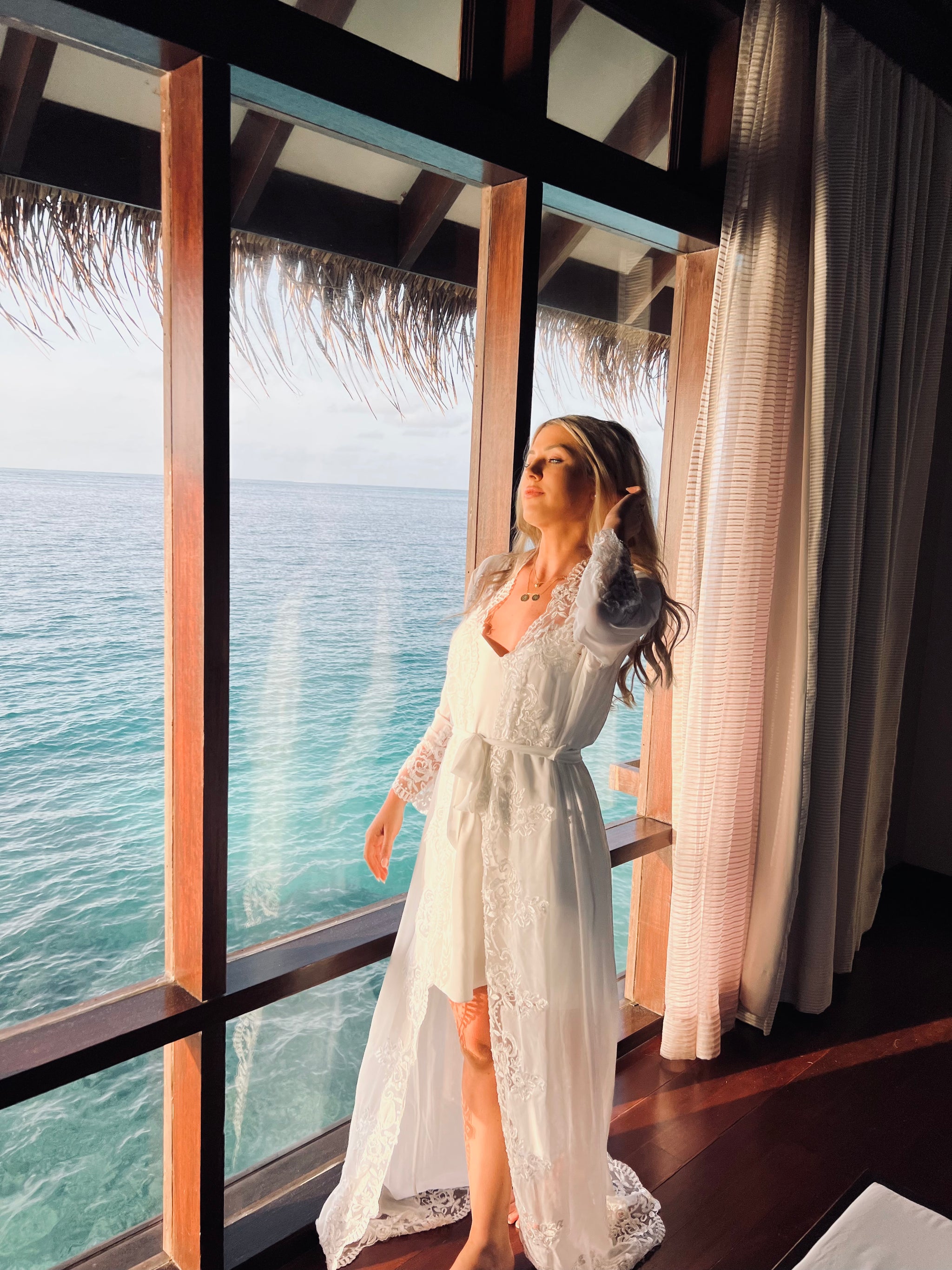 Coco Bridal robe - Long lace bridal robe / beaded lace robe and satin slip.