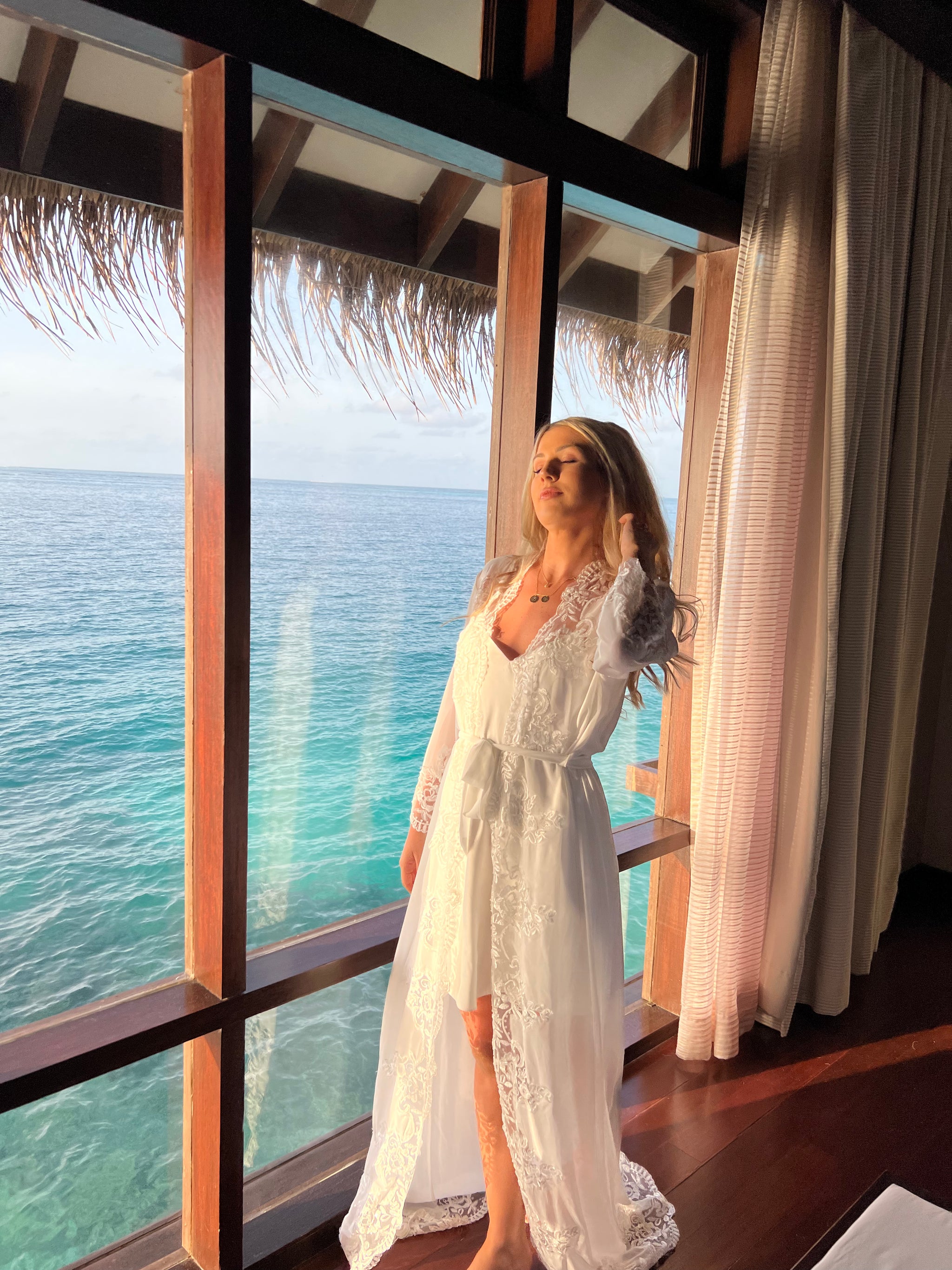 Coco Bridal robe - Long lace bridal robe / beaded lace robe and satin slip.