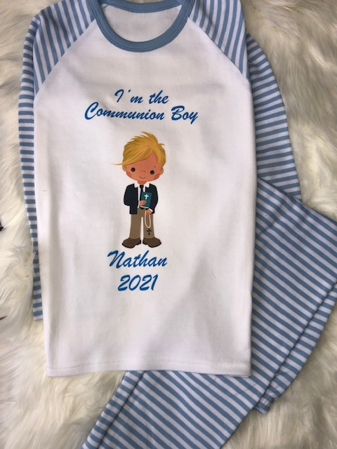 Boys Communion Blue Stripes Pjs with communion Boy