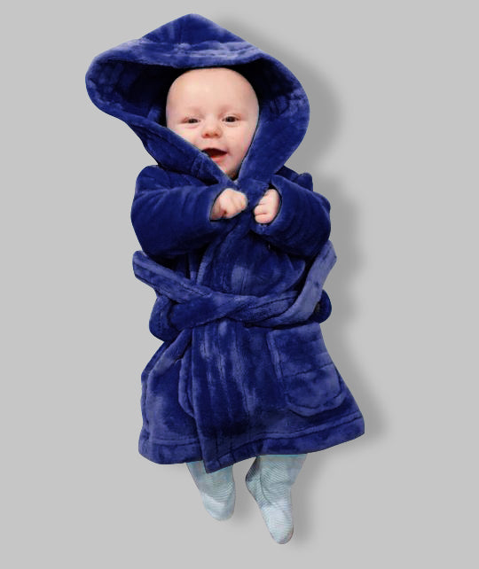 Baby in navy fluffy dressing gown-Robes4you-UK