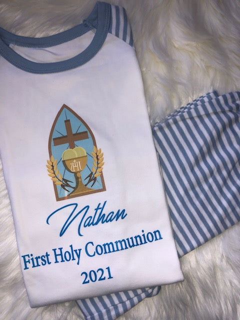 Boys Communion Blue Stripes Pjs chalice