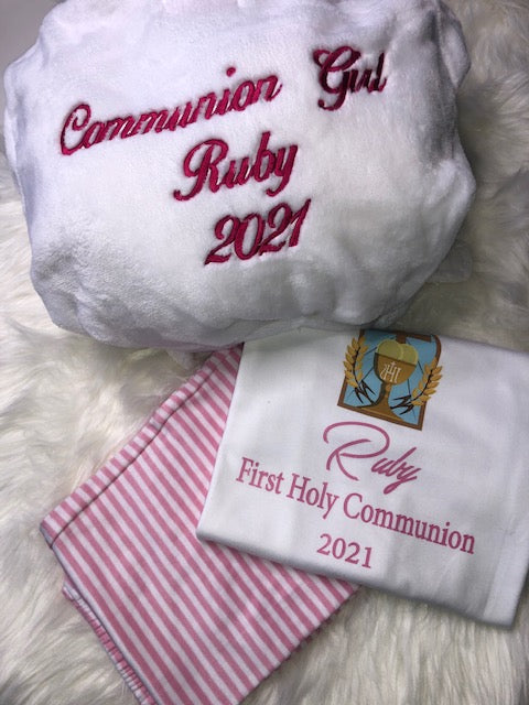 Girls Communion Set Personalised White Fluffy robe and Pink Cotton Pyjamas with Chalice