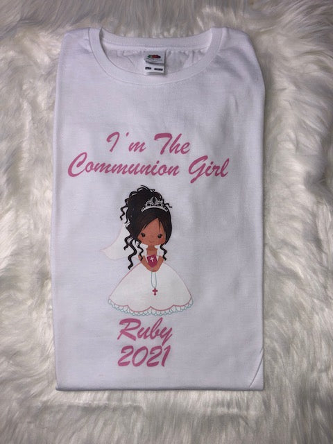 First Holy Communion Personalised T-Shirt Girl with doll