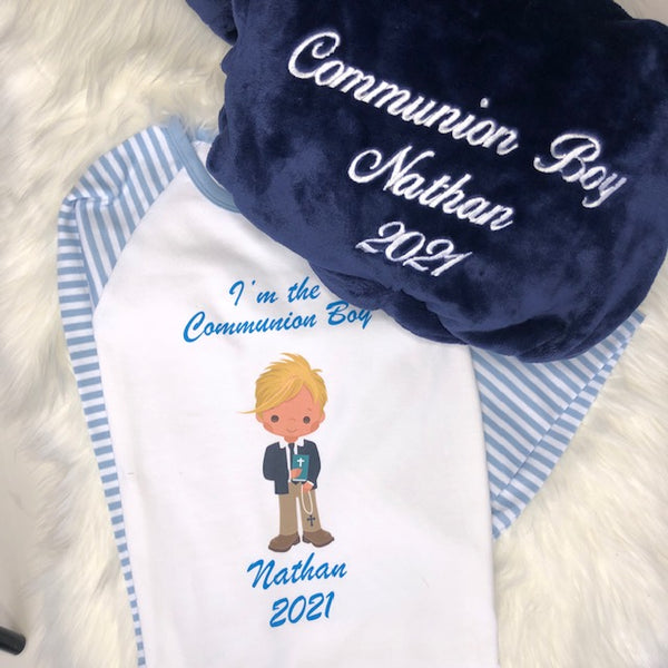 Boys Communion Set Personalised Navy Fluffy robe and Blue Cotton Pyjamas with boy