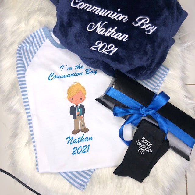 Boys Communion Set Personalised Navy Fluffy robe and Blue Cotton Pyjamas with boy and socks