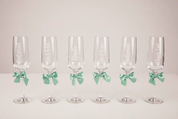 Personalised sage green bridesmaid flutes -robes4you 