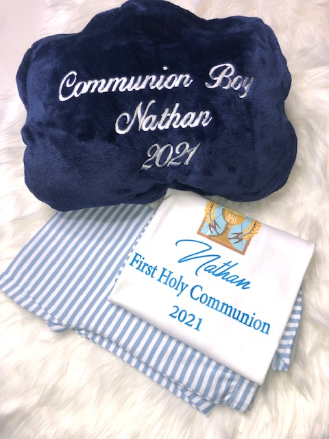 Boys Communion Set Personalised Navy Fluffy robe and Blue Cotton Pyjamas with chalice