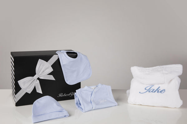 Baby Boy Gift-White robe and blue baby grow ,hat,bib personalised with gift box