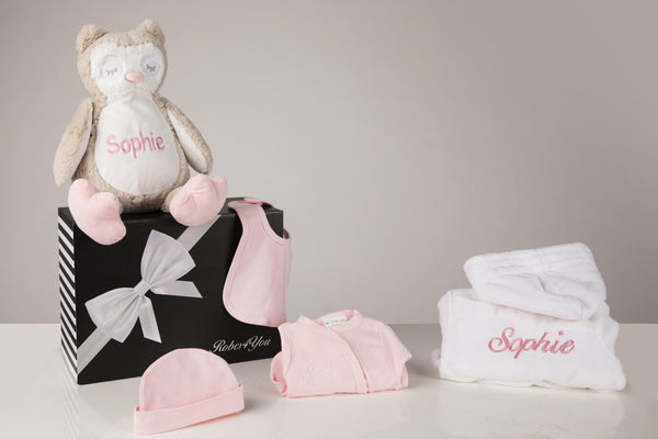 Baby Hamper -White Robe and Pink Baby Grow,Hat,Bib & Owl Pyjamas holder personalised with Gift Box