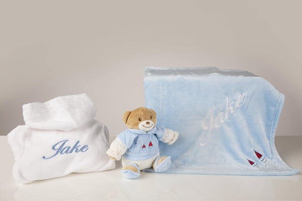 White Baby Robe Embroidered with Blue Sailor blanket with gift box