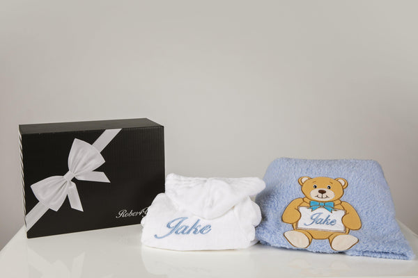 White Baby Robe Embroidered with Blue Name Plate Pink blanket with gift box