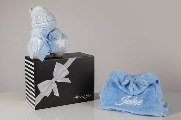 Baby gift hamper- Personalised Blue fluffy Robe With Blanket & Teddy Gift Set In gift box