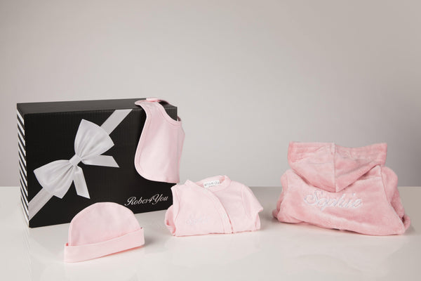 Baby Girl Gift - Pink robe and pink baby grow hat & bib personalised with gift box