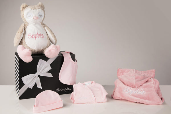 Baby Hamper -Pink Robe and Pink Baby Grow,Hat,Bib & Owl Pyjamas holder personalised with Gift Box