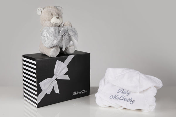 Baby Shower Hamper , Personalised white fluffy robe with Blanket & Grey Teddy gift set in Gift box