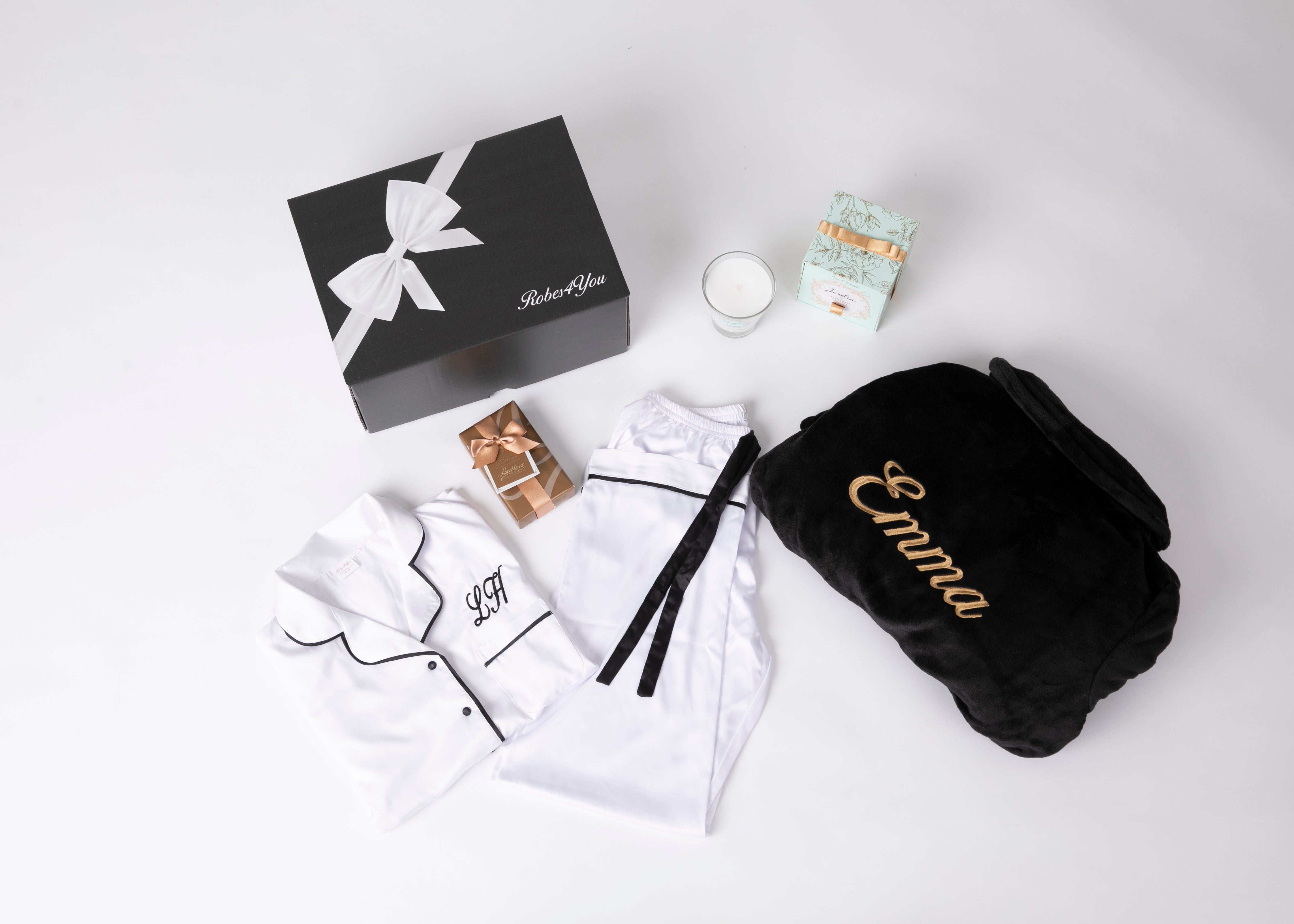 Luxurious Soft Fluffy Robe Hamper &  Long Satin Pyjamas with candle and chocolates  presented in a gift box