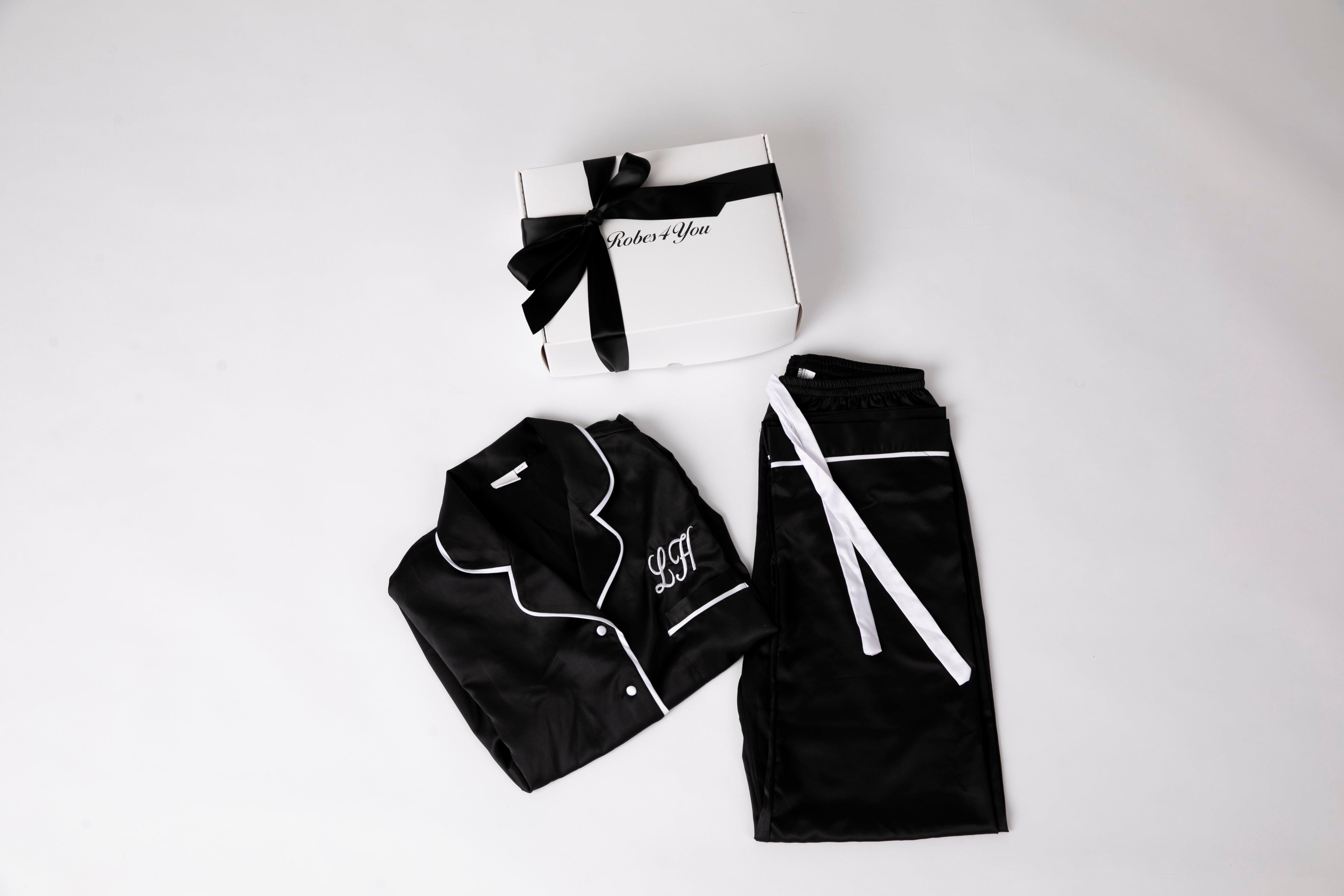 Personalised Black Satin Pjs with Black Piping presented in a gift box with bow