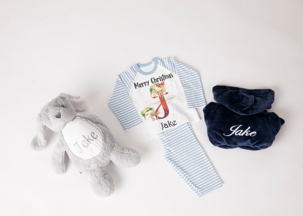 Navy Robe with Blue and White Striped Christmas Pyjamas & Teddy Pyjamas Holder presented in a Gift Box