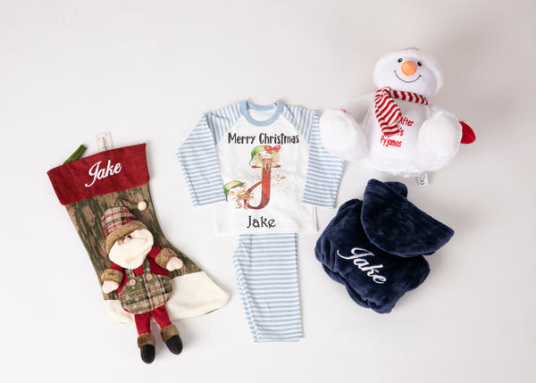 Navy Robe with Blue and White Striped Christmas Pyjamas & Snowman Teddy Pyjamas Holder & Christmas Santa  stocking presented in a Gift Box