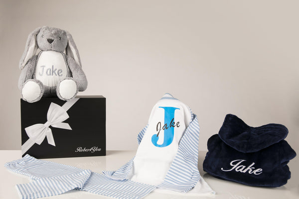 Navy Robe with Blue and White Striped Pyjamas & Bunny Teddy Pyjamas Holder presented in a Gift Box