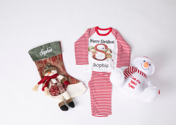 Red and white Christmas Pyjamas and Christmas stocking & Snowman pyjamas holder