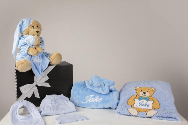 Baby Delux Hamper -Blue Robe and Blue Baby Grow,Hat,Bib & Name plate blanket & Teddy with comfortor with Gift Box