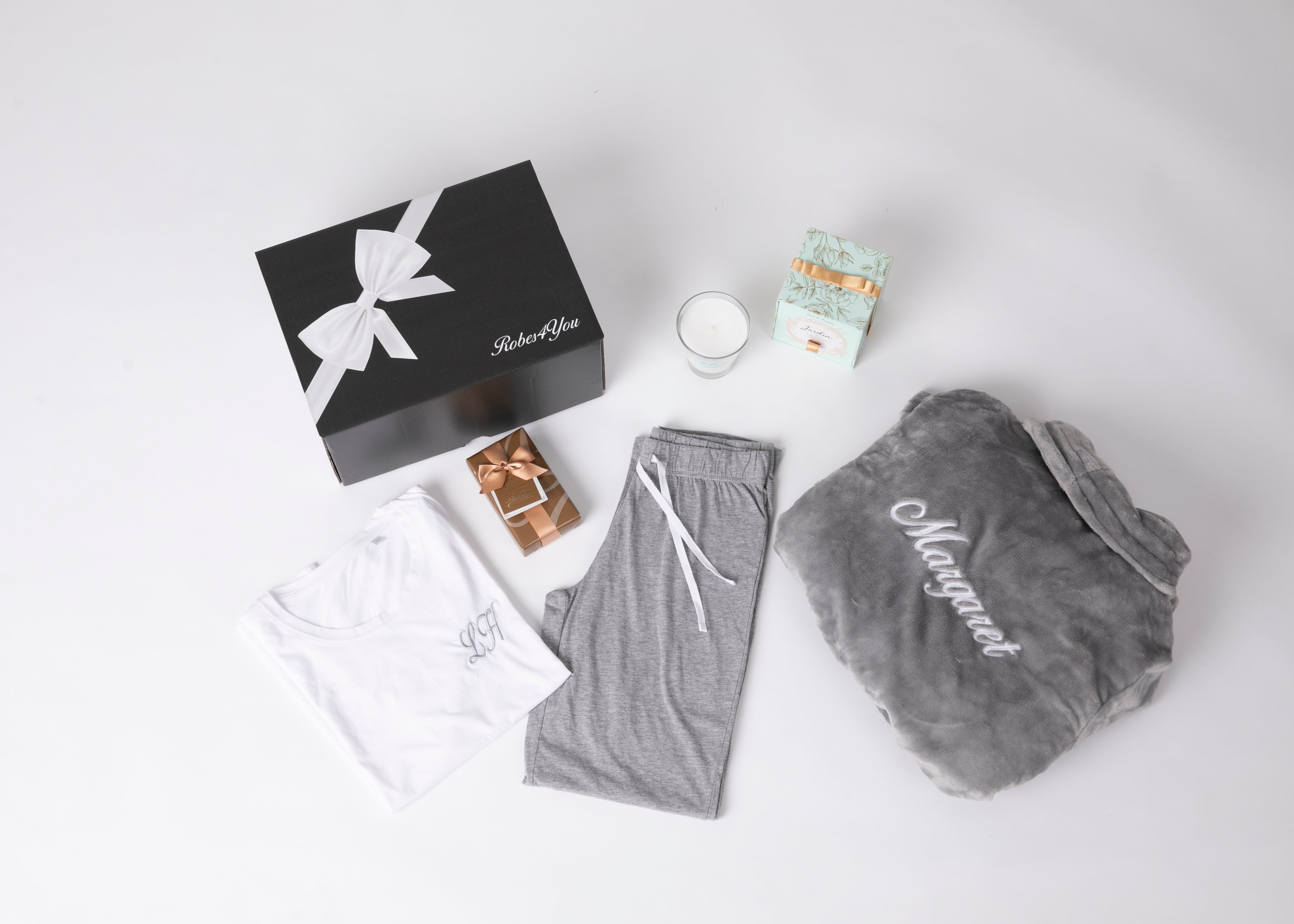 Luxurious Soft Fluffy Robe Hamper & Grey Long Cotton Pyjamas & Chocolates and Candle presented in a gift box
