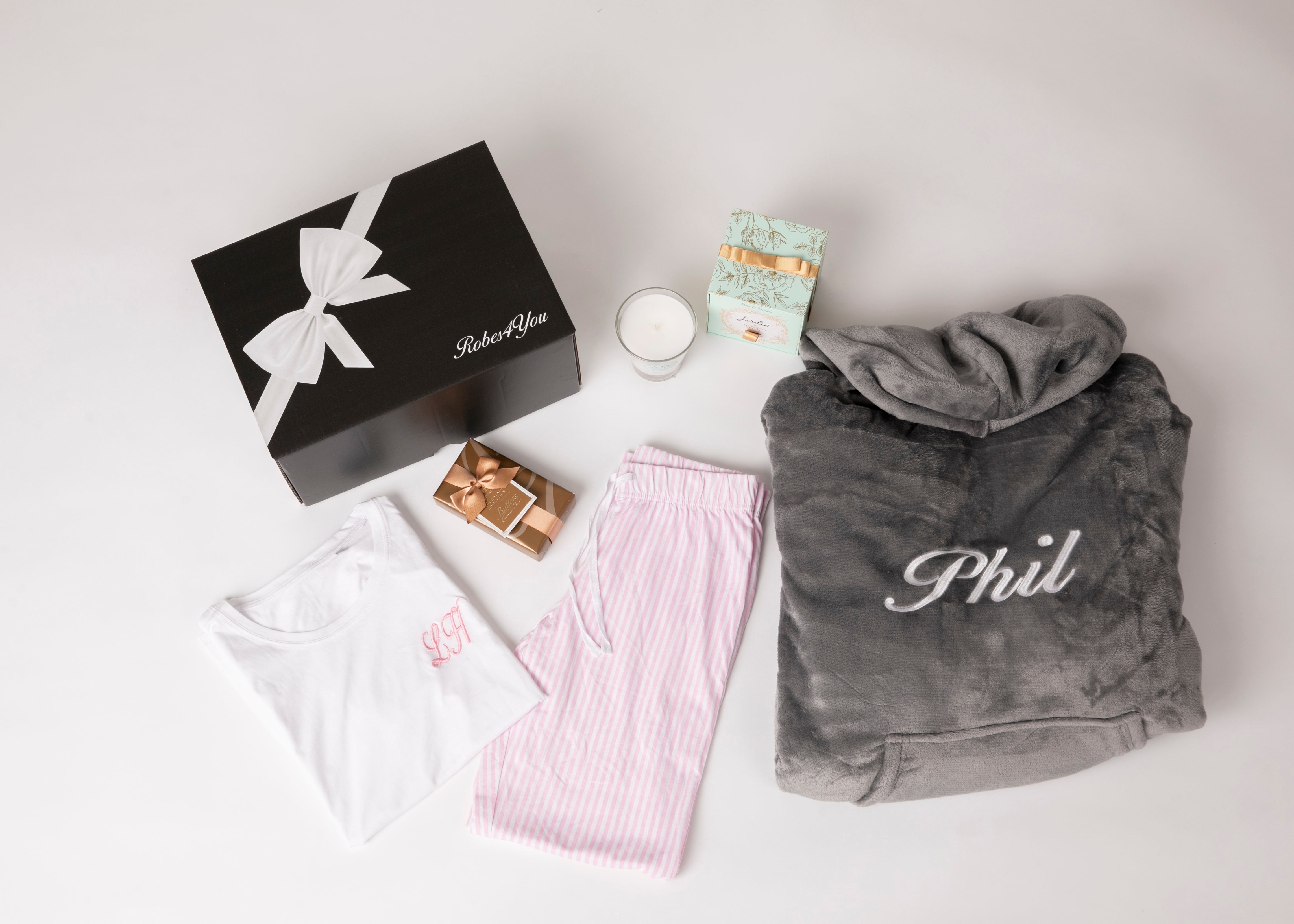 Luxurious Soft Fluffy Oversized Ladies Hoodie with Cotton Long pink and white  Pyjamas white chocolates and candlepresented in a gift box
