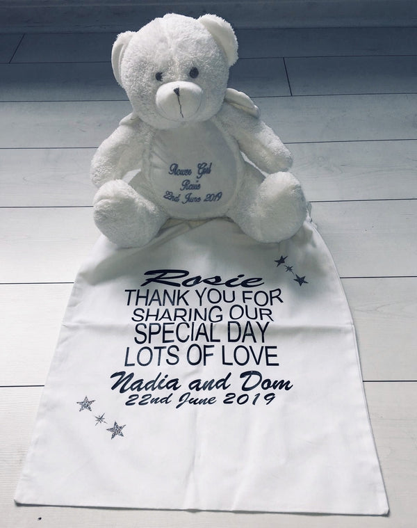 Personalised angel teddy in personalised bag for the flower girl - Robes 4 You