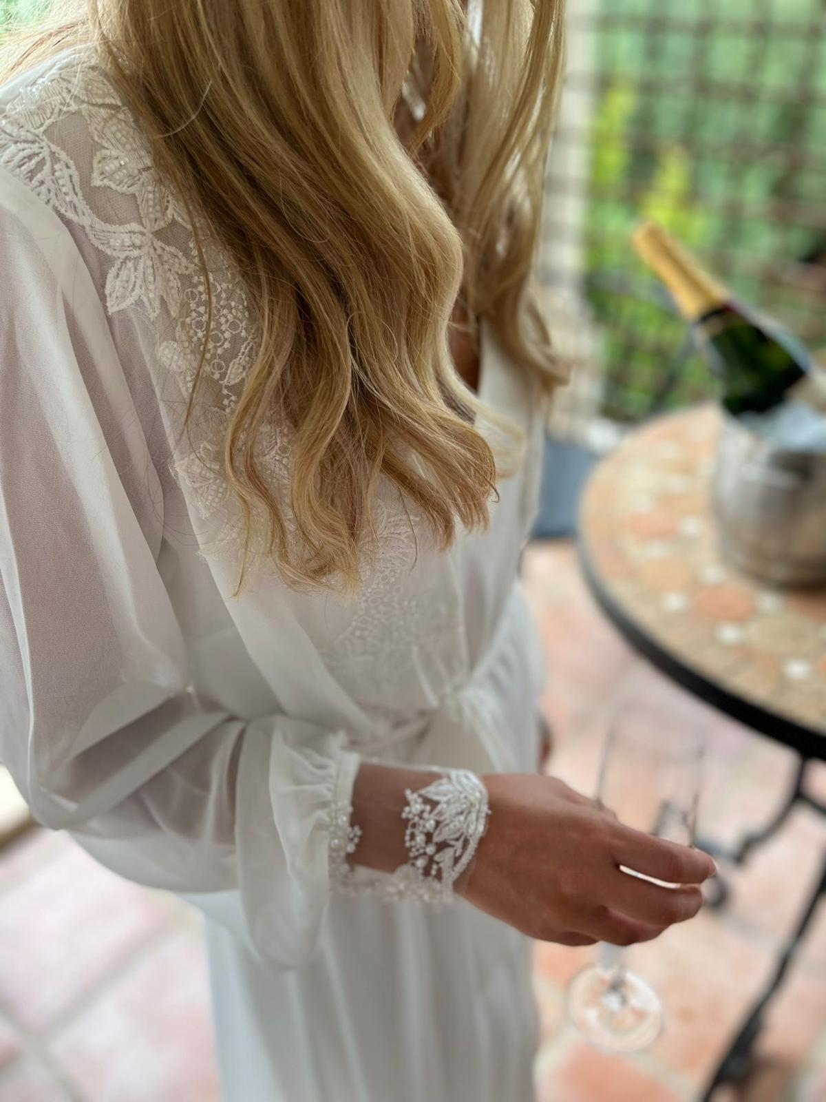 Suzie Bridal Robe- Long mesh bridal robe with beading detail on the front and sleeve & Satin slip.