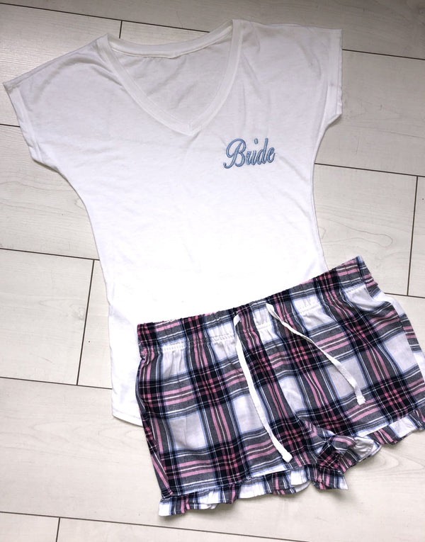 Bridal pyjamas - Pink and blue plaid shorts with a personalised  T-shirt - Robes 4 You