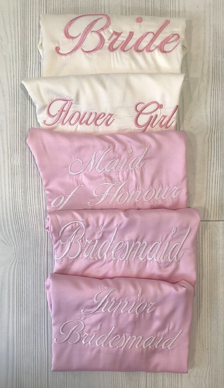 Bridal robes- baby Pink and ivory Embroidered Satin Robes UK - Robes 4 You