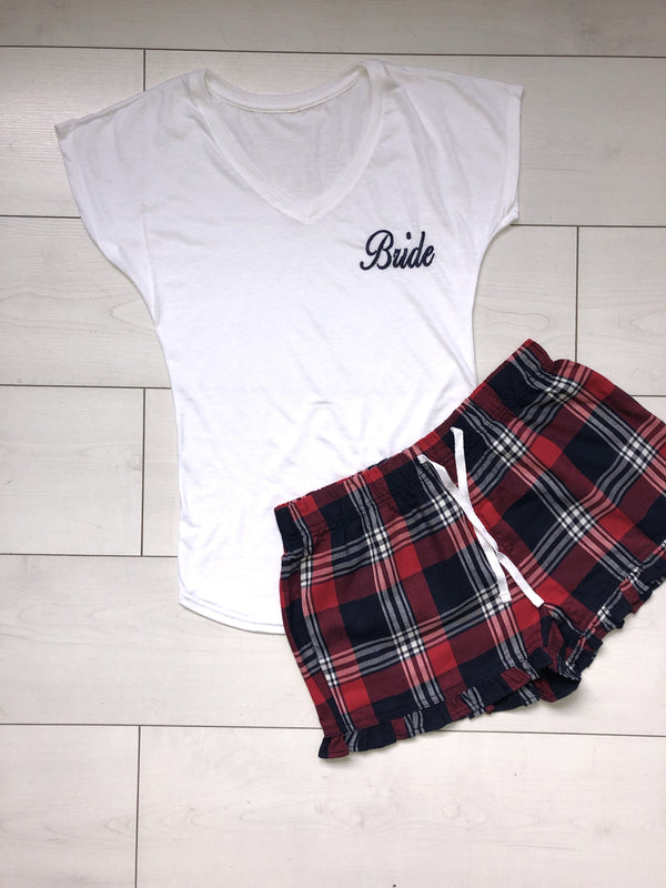 Bridal pyjamas- Personalised cotton pajamas with red and navy checkered shorts - Robes 4 You