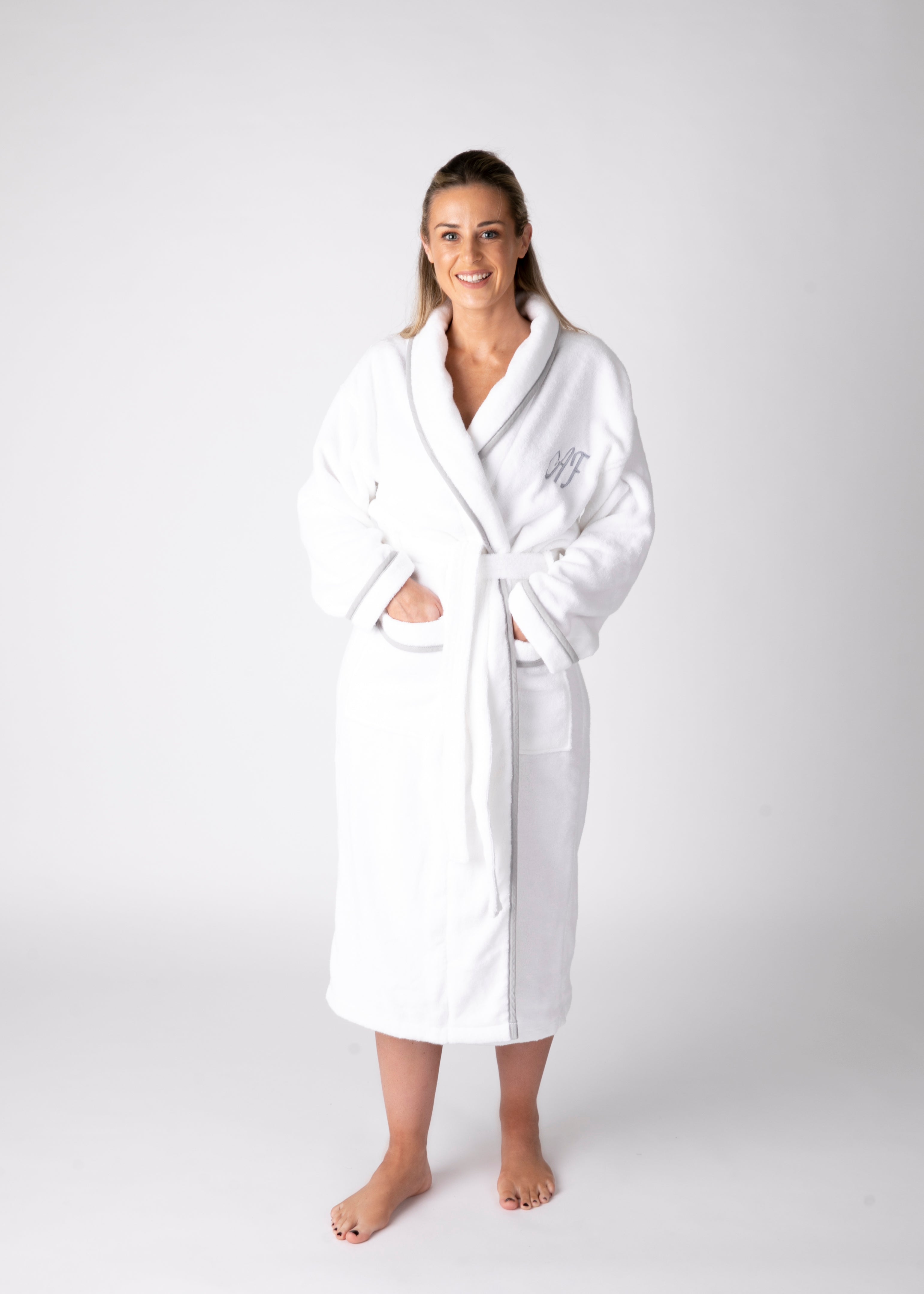 Soft Luxurious Turkish Cotton Toweling Robe Hamper with Grey Trim & Satin Long Pyjamas Candle and chocolates in a gift box