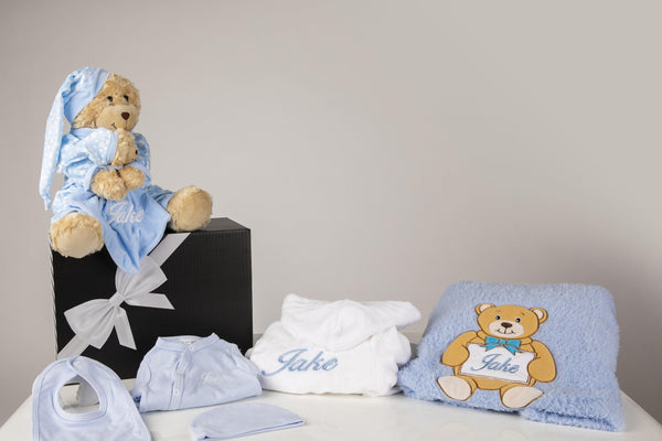 Baby Delux Hamper -White Robe and Blue Baby Grow,Hat,Bib & Name plate blanket & Teddy with comfortor with Gift Box