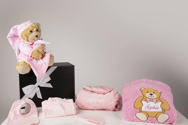 Baby Delux Hamper -Pink Robe and Pink Baby Grow,Hat,Bib & Name plate blanket & Teddy with comfortor with Gift Box