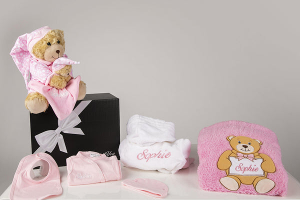 Baby Delux Hamper -White Robe and Pink Baby Grow,Hat,Bib & Name plate blanket & Teddy with comfortor with Gift Box