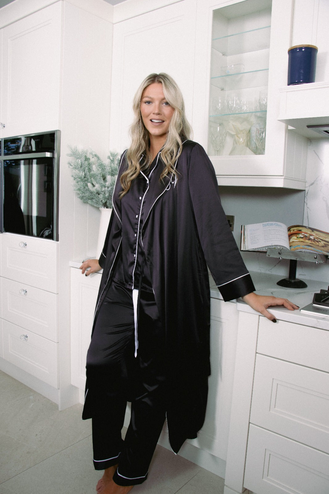 Long Luxurious Silky feel full length black satin robe with piping with matching long pj set