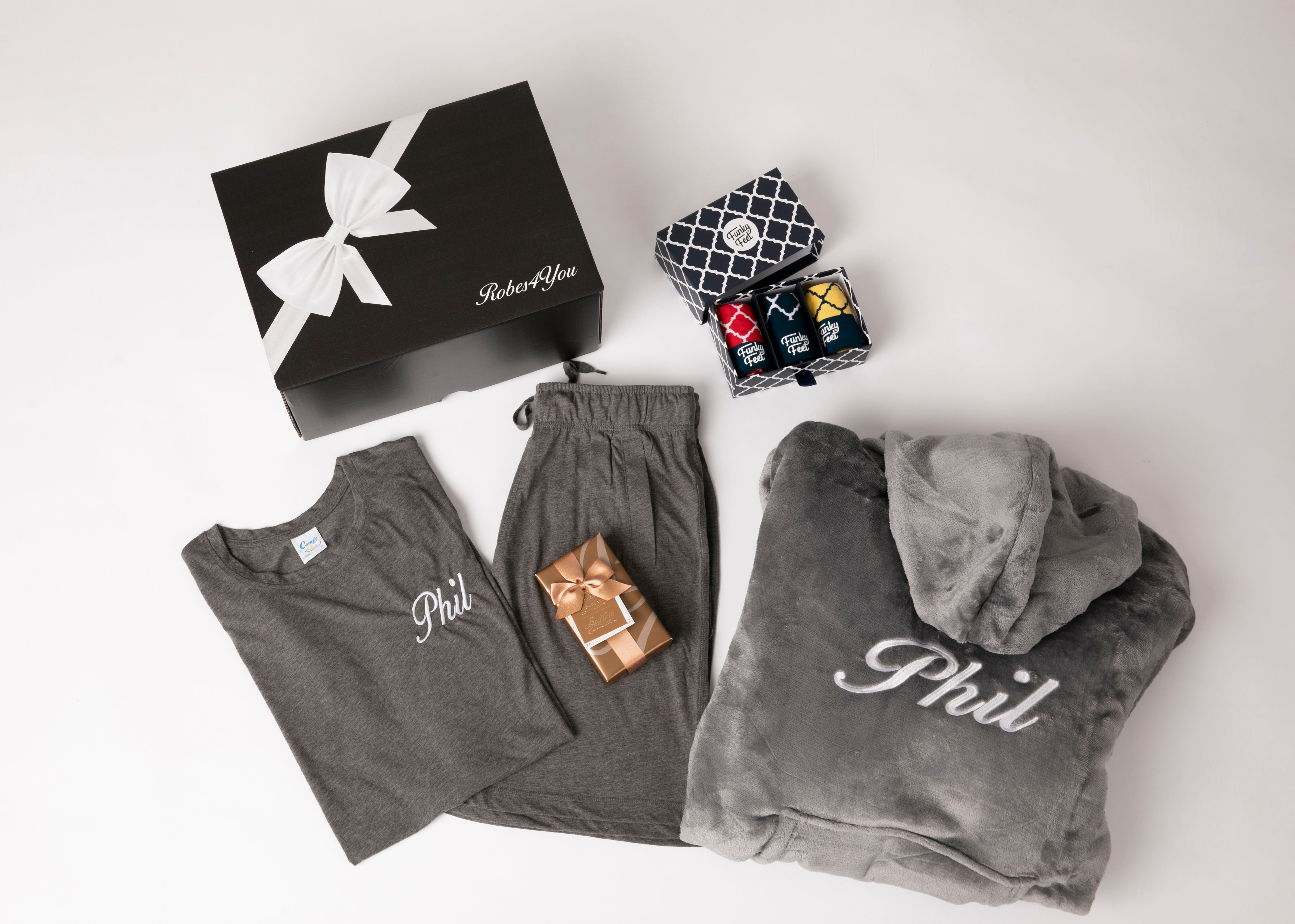 Soft Luxurious Oversized Hoodes with Grey cotton pyjamas with chocolates and socks presented in a gift box