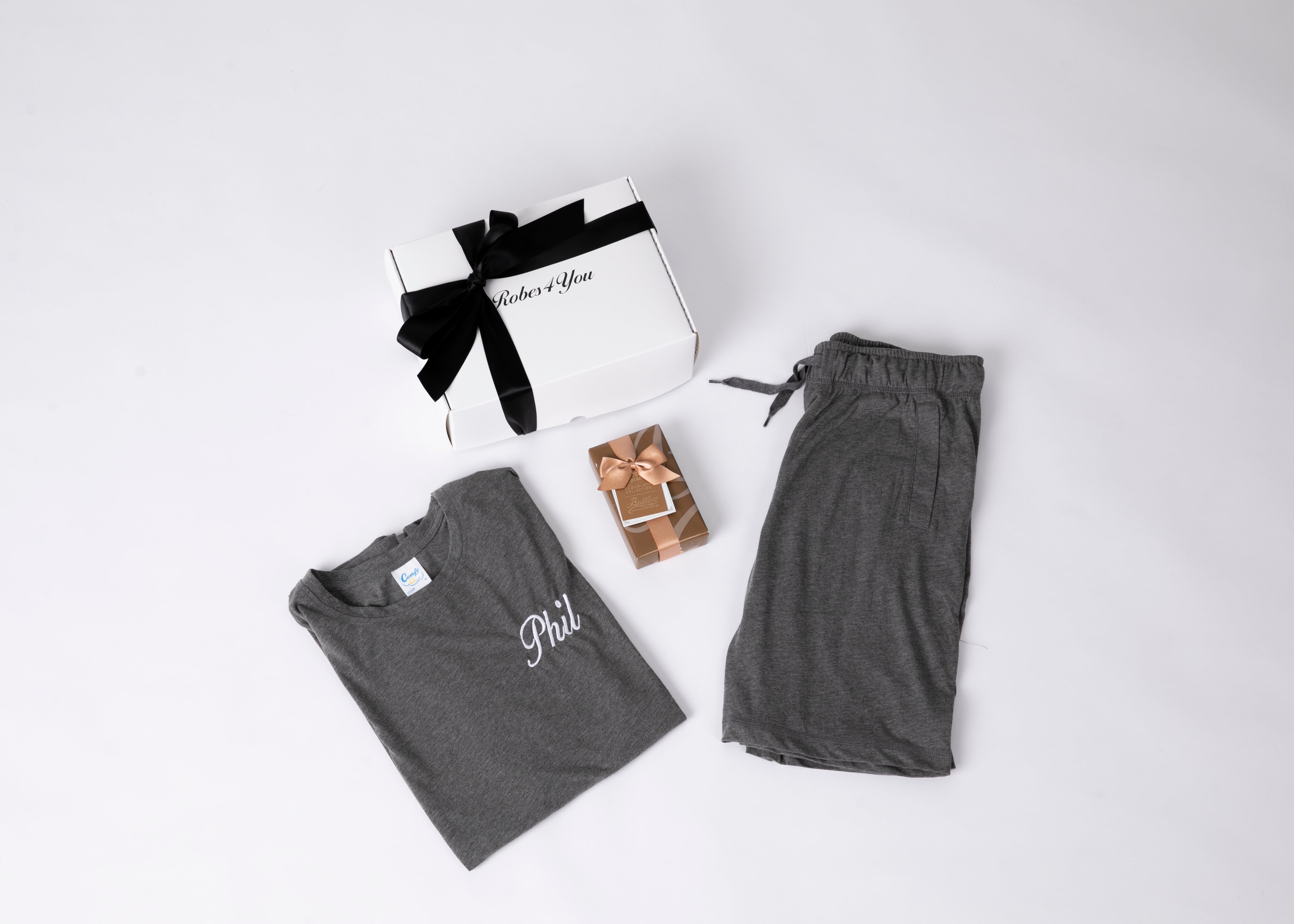 Mens Short Pyjamas Personalised with Butlers chocolates presented gift box