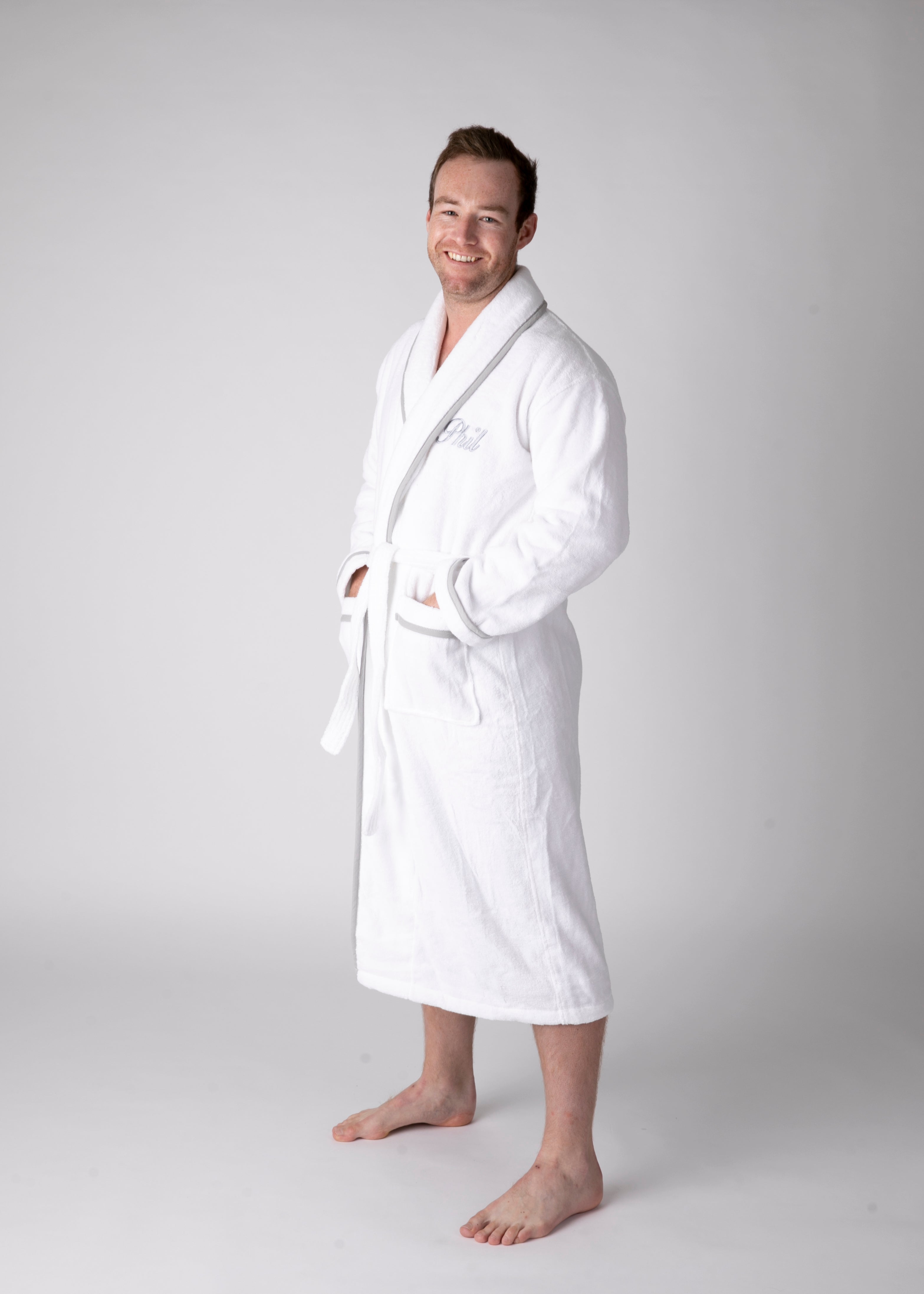 Luxurious Turkish Cotton Towelling Robe with Grey Trim & pyjamas hamper in gift box with funky socks and chocolates