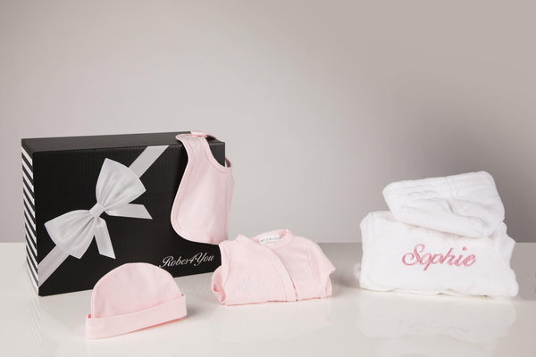 Baby Girl Gift - White robe and pink baby grow hat & bib personalised with gift box