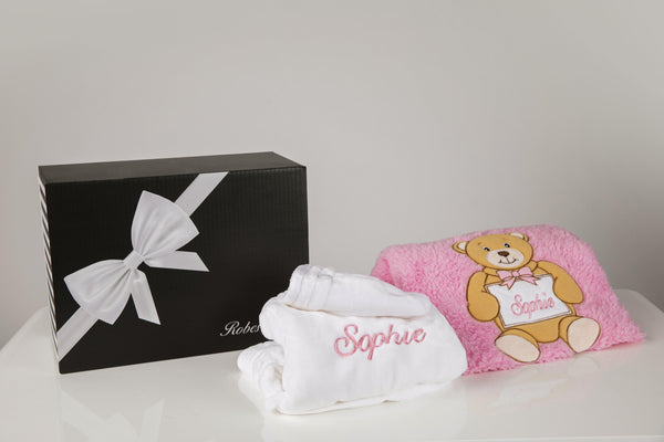 White Baby Robe Embroidered with Pink Name Plate Pink blanket with gift box