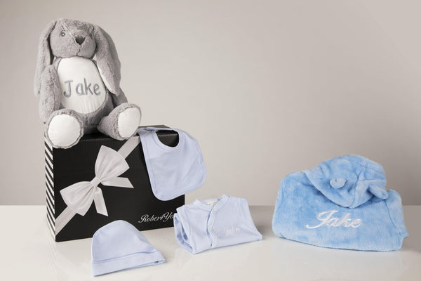 Baby Gift Blue robe and blue baby grow ,hat,bib & Pyjamas Holder Bunny personalised with gift box