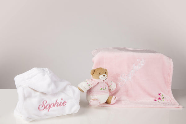 White Baby Robe Embroidered with Pink Flowered blanket with gift box